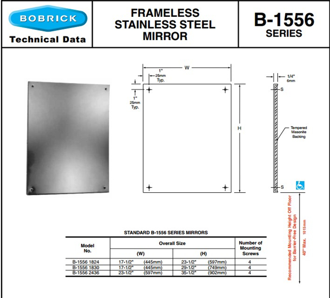 Bobrick B 1556 1830 Frameless Stainless Steel Mirrors America Bobrick International Trading