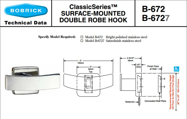Bobrick B 672 Double Robe Hook America Bobrick International