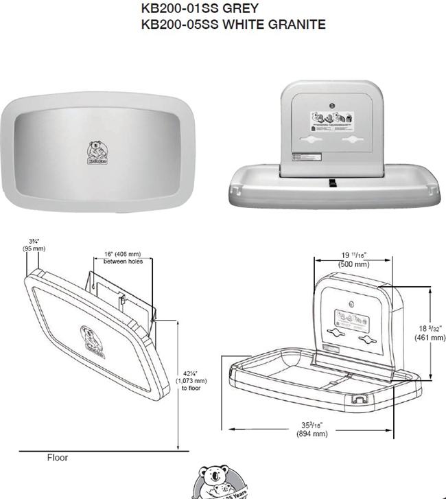 Koala Kare KB200 SS Horizontal Wall Mounted Baby Changing Station